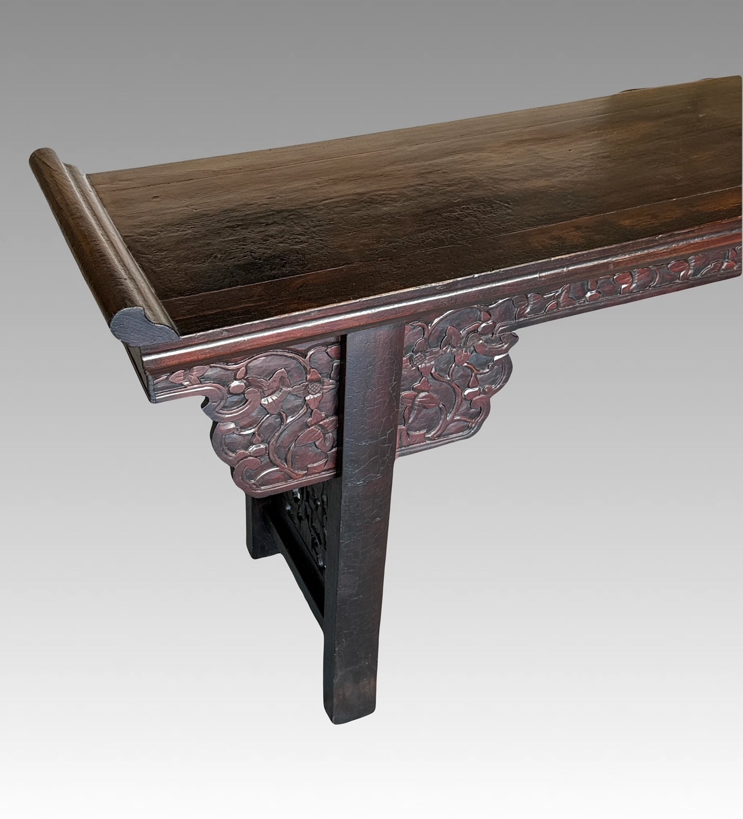 Impressive Antique Qing Dynasty Hand Carved Chinese Elm Wood Altar Table or Console / Hallway Table