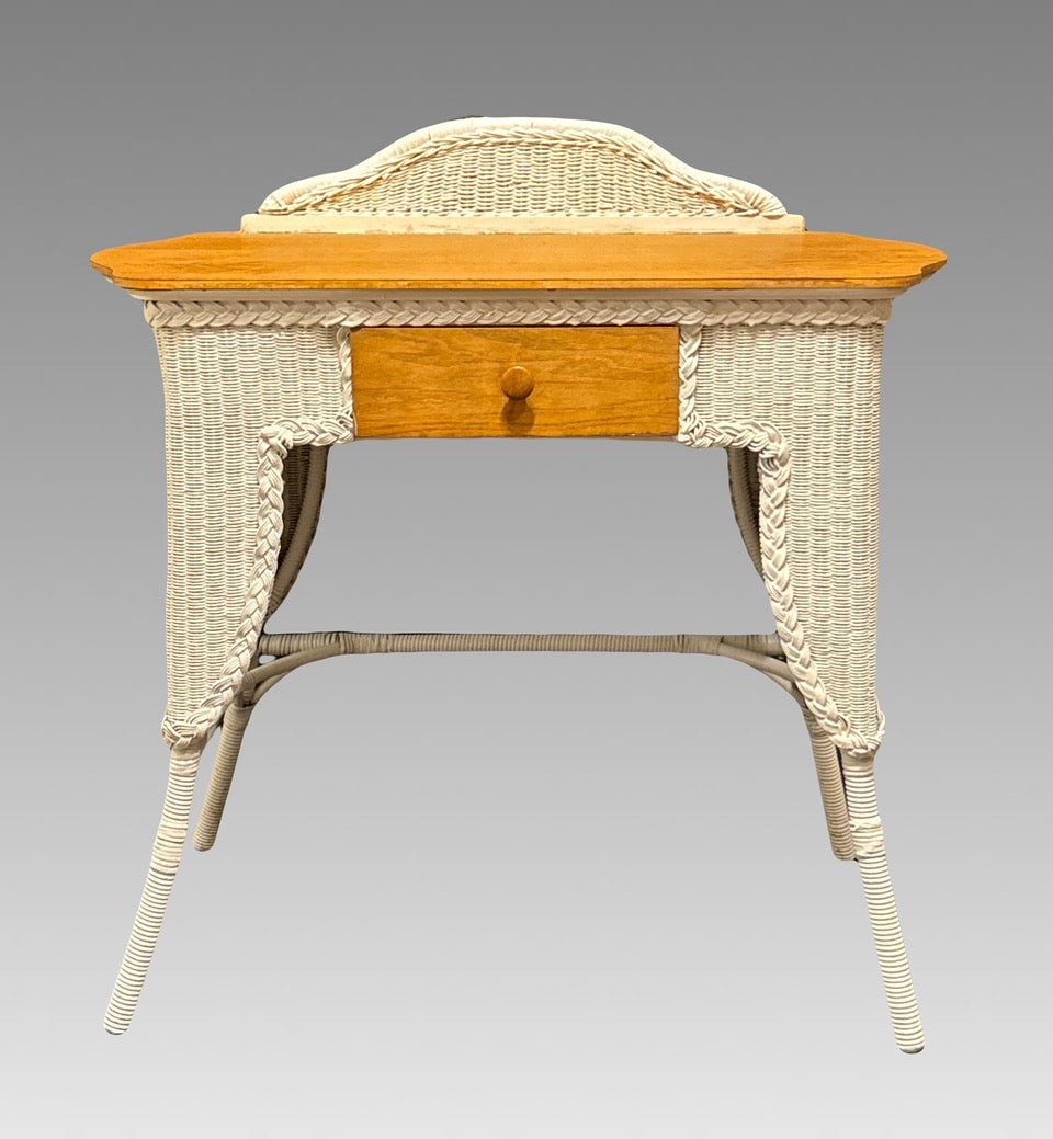 Antique White Wicker & Quarter-Sawn Oak Writing Desk or Dresser Vanity Table (1920's)