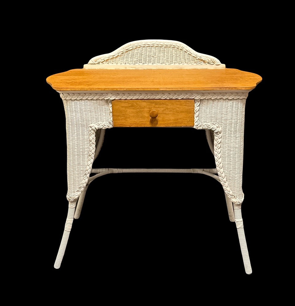 Antique White Wicker & Quarter-Sawn Oak Writing Desk or Dresser Vanity Table (1920's)