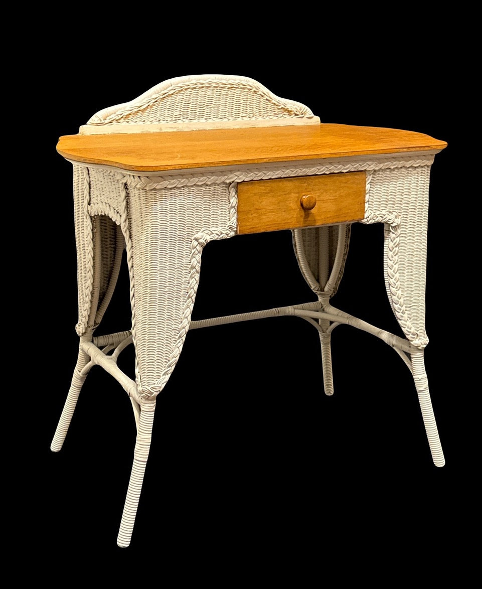 Antique White Wicker & Quarter-Sawn Oak Writing Desk or Dresser Vanity Table (1920's)