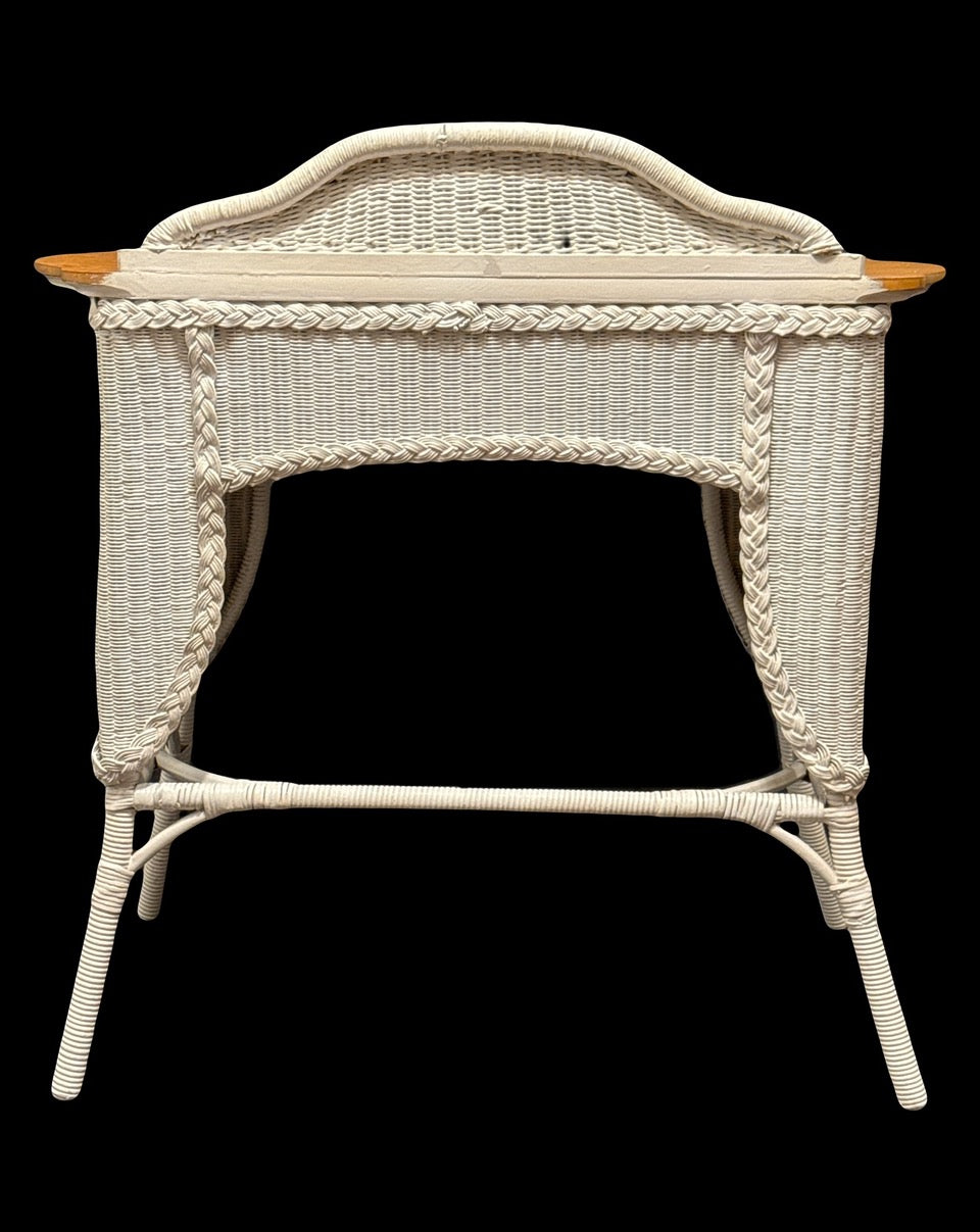 Antique White Wicker & Quarter-Sawn Oak Writing Desk or Dresser Vanity Table (1920's)