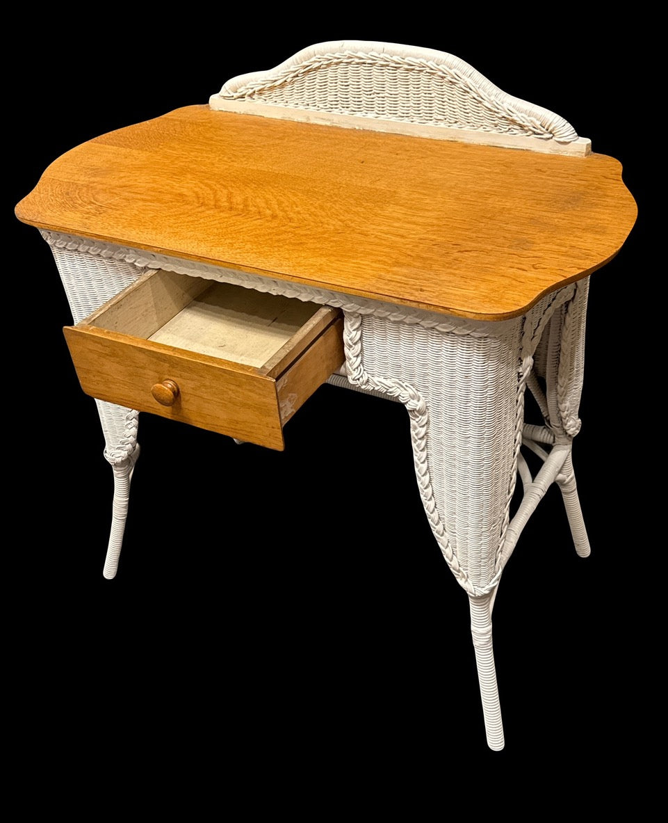 Antique White Wicker & Quarter-Sawn Oak Writing Desk or Dresser Vanity Table (1920's)