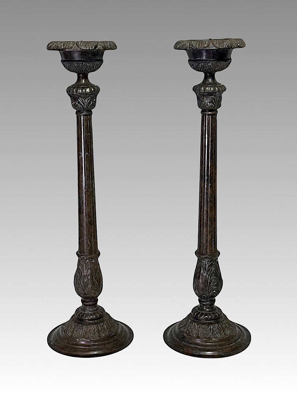 Impressive Vintage Bronze Georgian Candlesticks by Maitland Smith, a Pair 25"