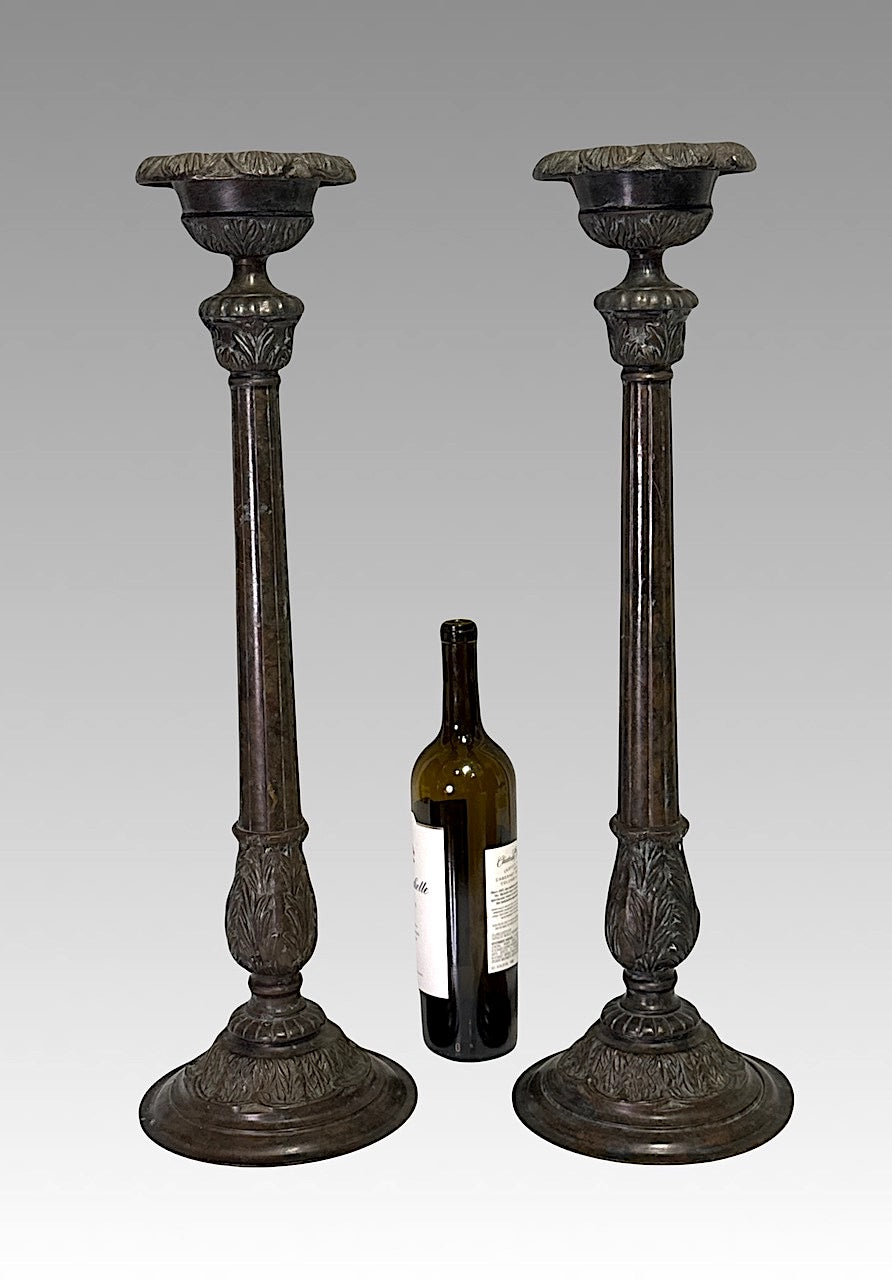 Impressive Vintage Bronze Georgian Candlesticks by Maitland Smith, a Pair 25"