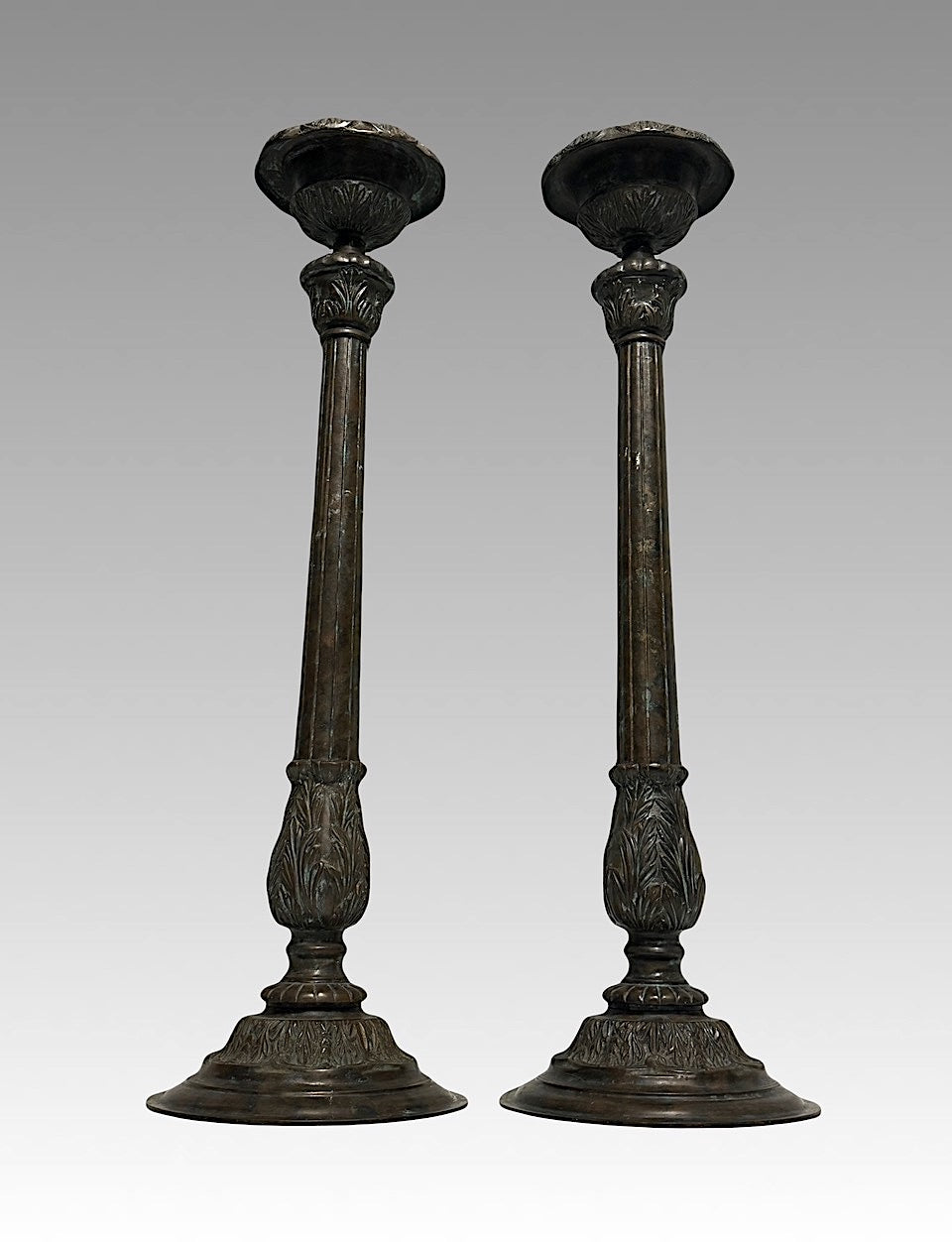 Impressive Vintage Bronze Georgian Candlesticks by Maitland Smith, a Pair 25"