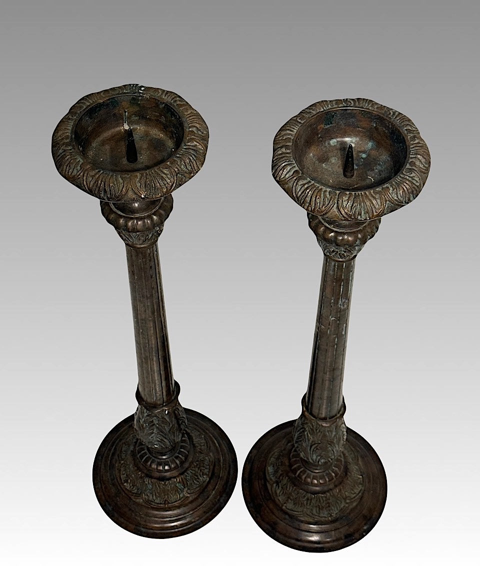 Impressive Vintage Bronze Georgian Candlesticks by Maitland Smith, a Pair 25"