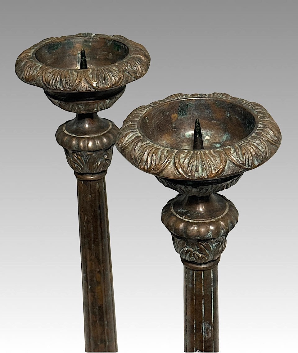 Impressive Vintage Bronze Georgian Candlesticks by Maitland Smith, a Pair 25"