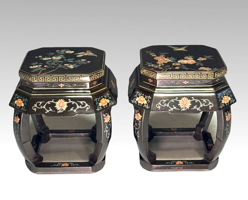 Republic Perod Chinese Jinlong Polychromed Black Lacquer Stools with Bluebirds, Side Tables, Pedestals, a Pair