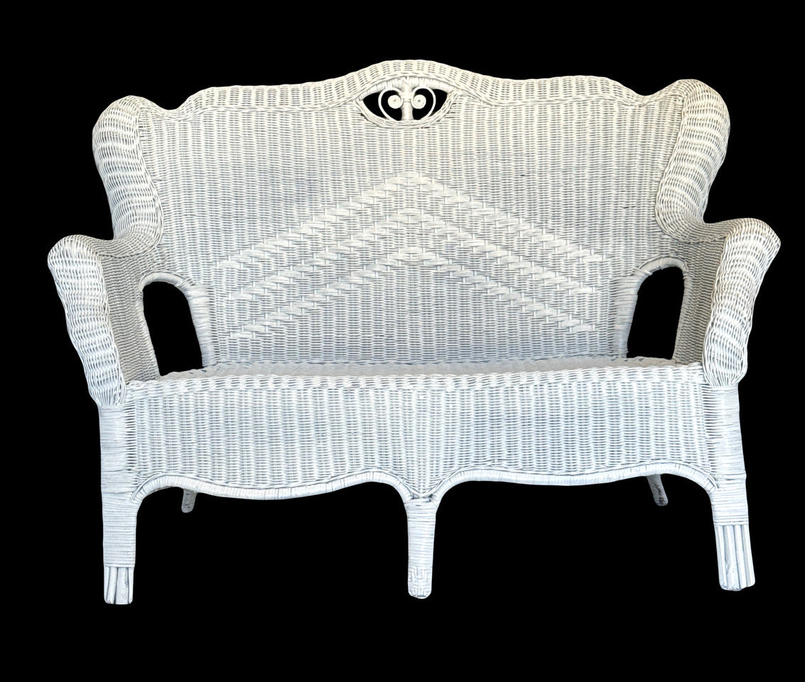 Antique Fancy White Wicker Traditional Two Seat Settee