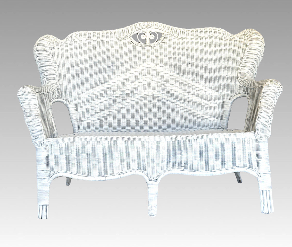 Antique Fancy White Wicker Traditional Two Seat Settee