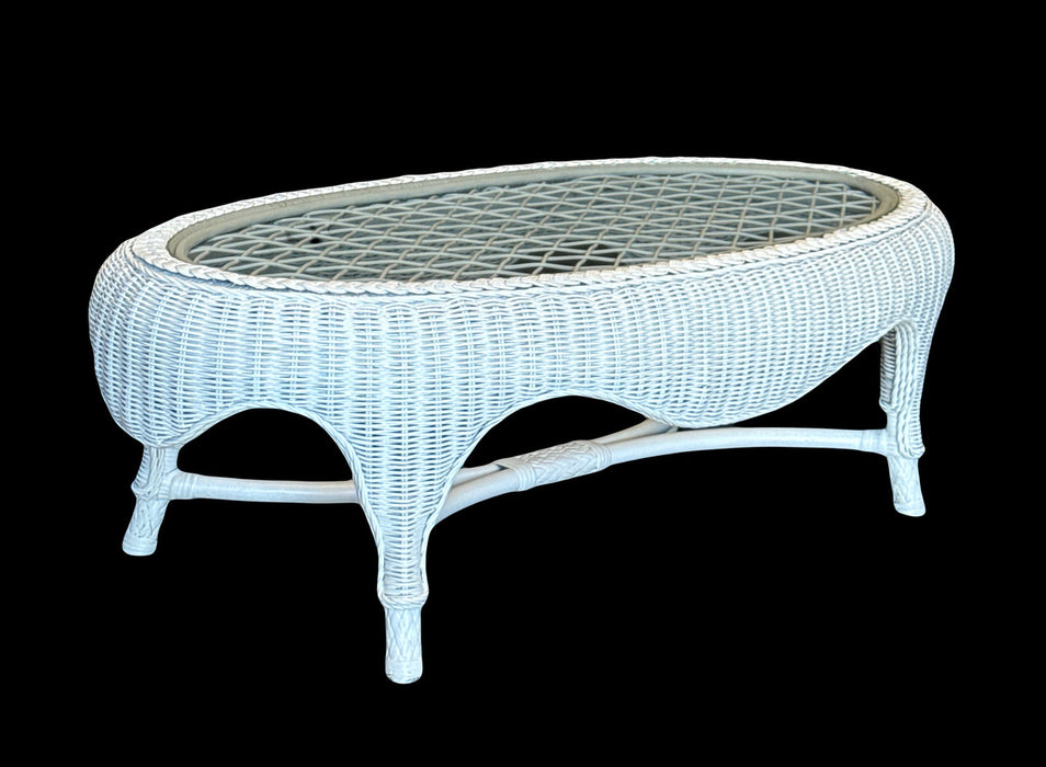 Antique Fancy White Wicker Oval Coffee Table With Glass Top