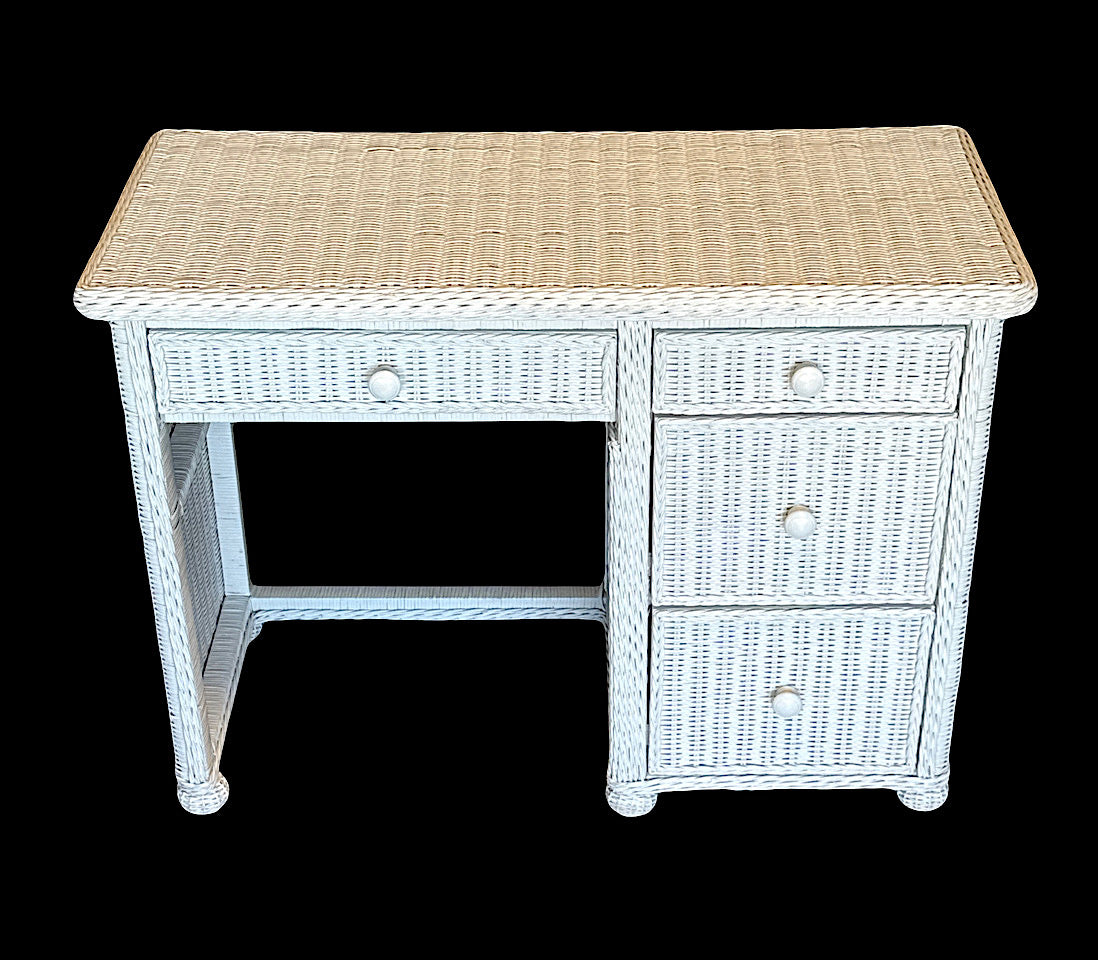 Vintage White Wicker Writing Desk or Ladies Vanity With Four Drawers