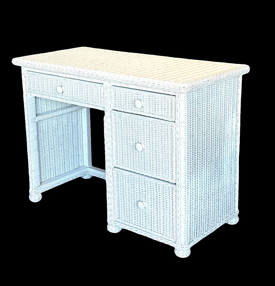 Vintage White Wicker Writing Desk or Ladies Vanity With Four Drawers