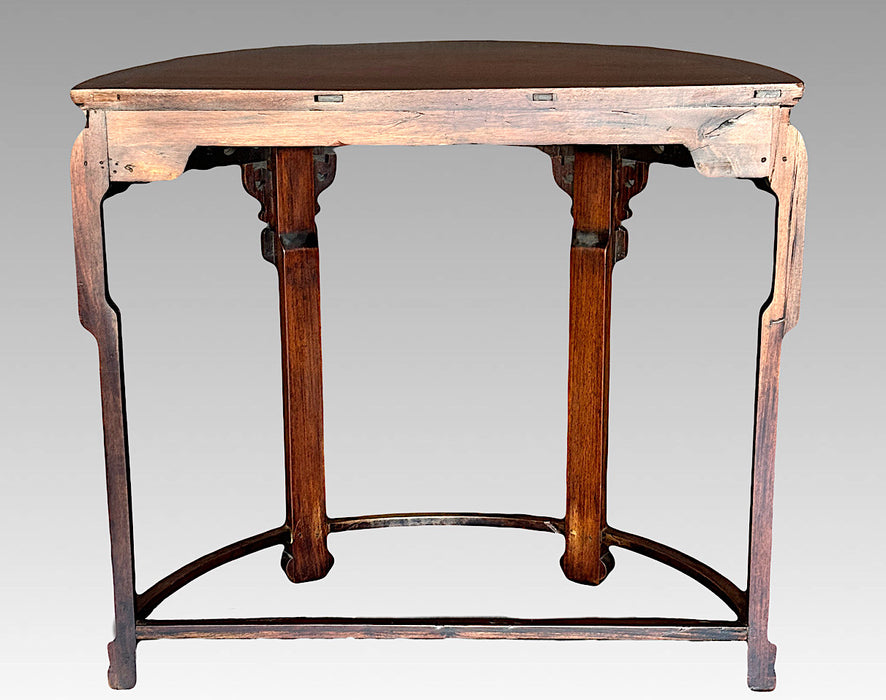 Antique Chinese Carved Rosewood Qing Dynasty Demilune Console Table With Bats, 19th Century