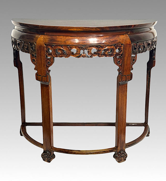 Antique Chinese Carved Rosewood Qing Dynasty Demilune Console Table With Bats, 19th Century