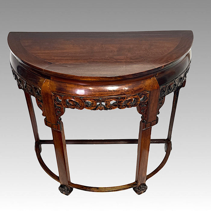 Antique Chinese Carved Rosewood Qing Dynasty Demilune Console Table With Bats, 19th Century