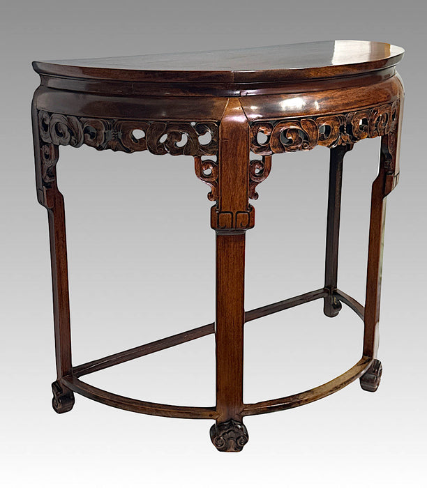 Antique Chinese Carved Rosewood Qing Dynasty Demilune Console Table With Bats, 19th Century