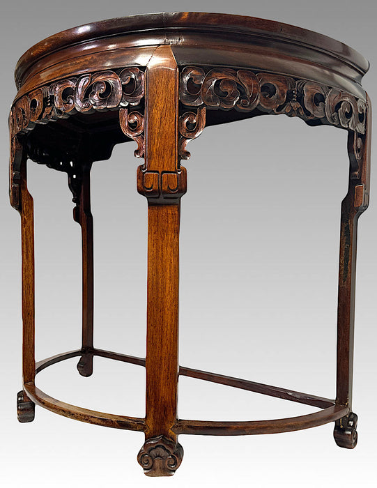 Antique Chinese Carved Rosewood Qing Dynasty Demilune Console Table With Bats, 19th Century