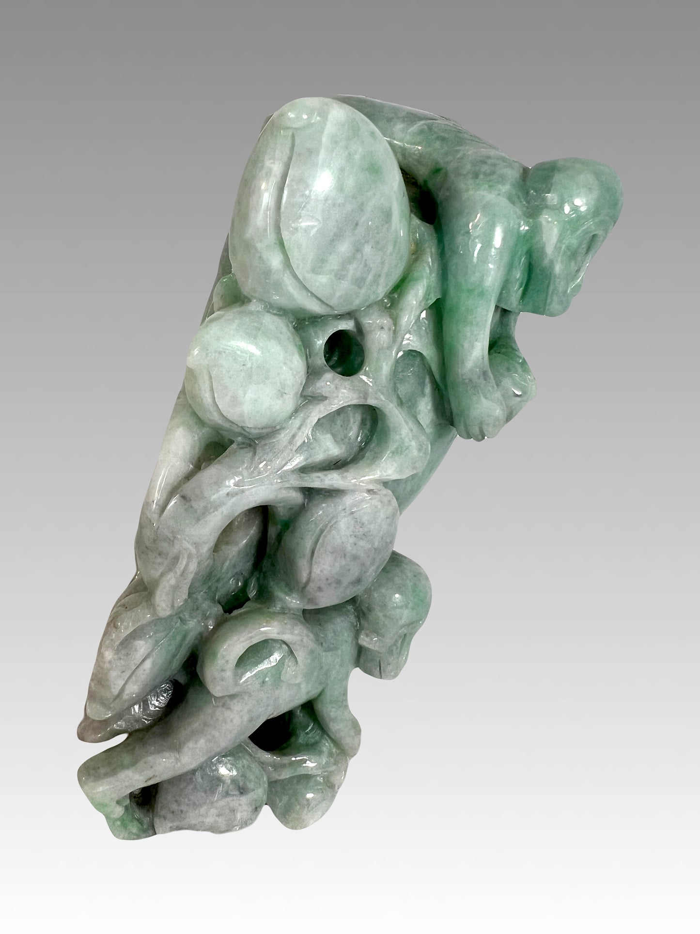 Chinese Natural Green Jade Carving of Auspicious Peach With Playful Monkeys on Custom Stand