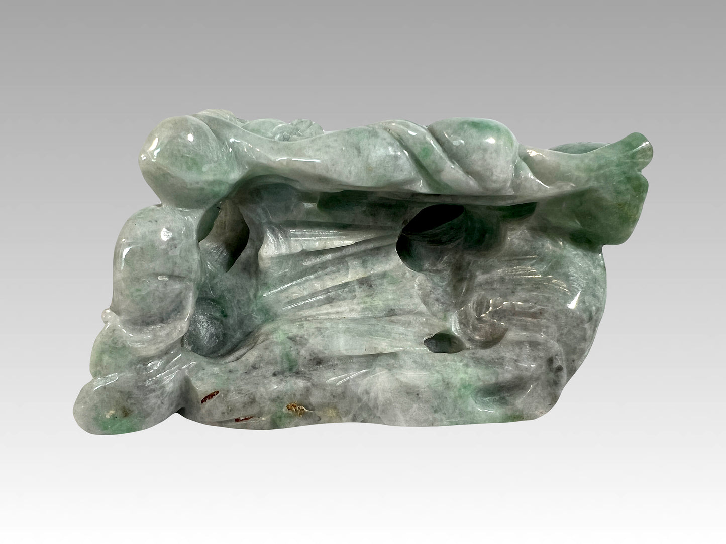 Chinese Natural Green Jade Carving of Auspicious Peach With Playful Monkeys on Custom Stand