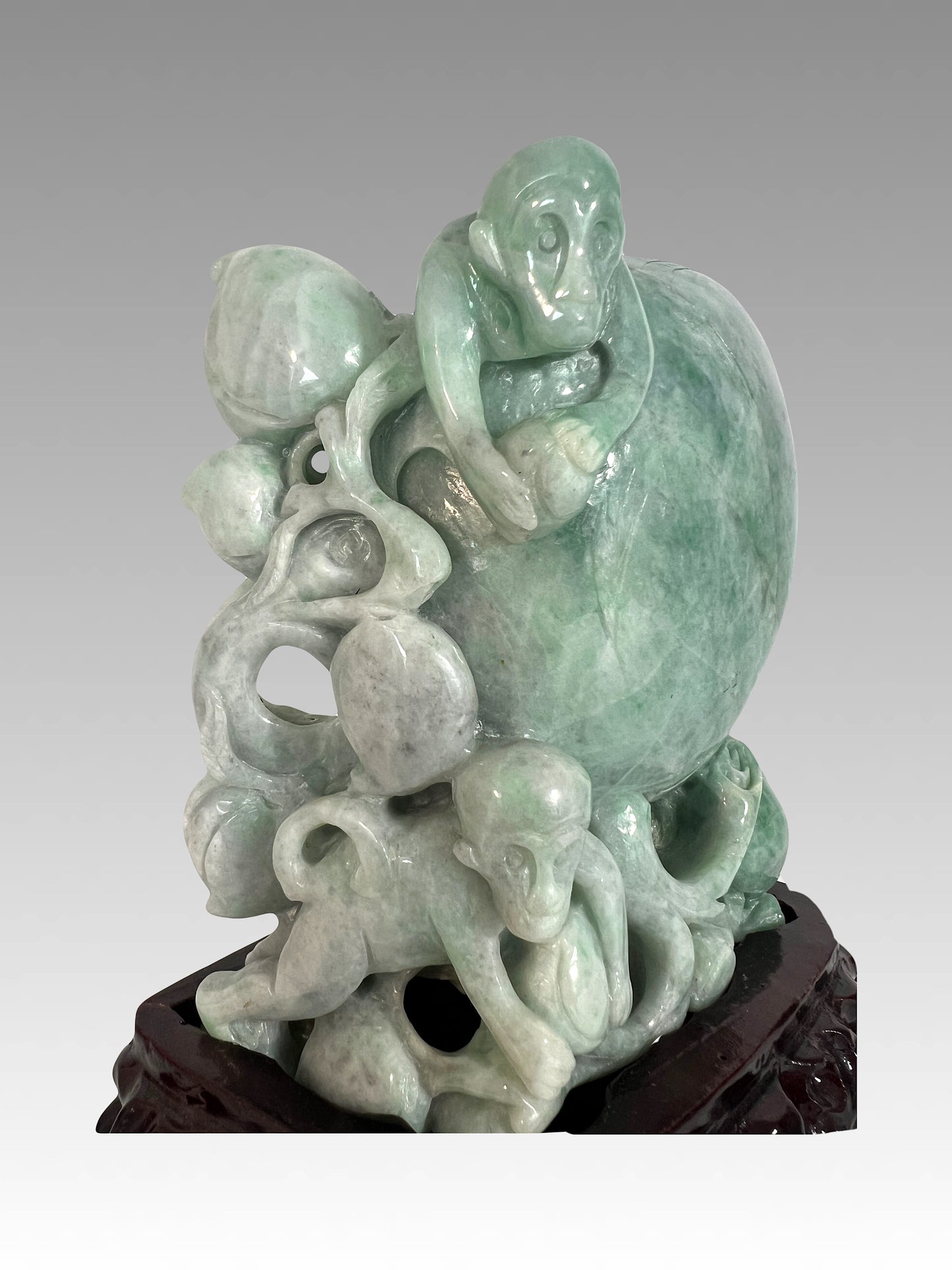 Chinese Natural Green Jade Carving of Auspicious Peach With Playful Monkeys on Custom Stand