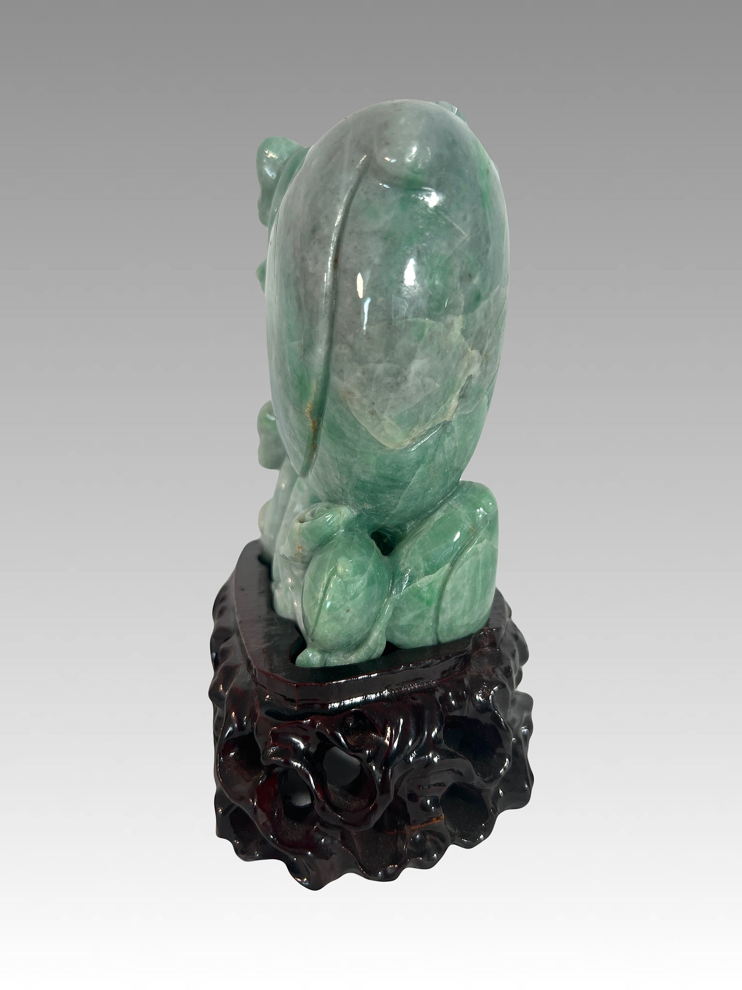 Chinese Natural Green Jade Carving of Auspicious Peach With Playful Monkeys on Custom Stand