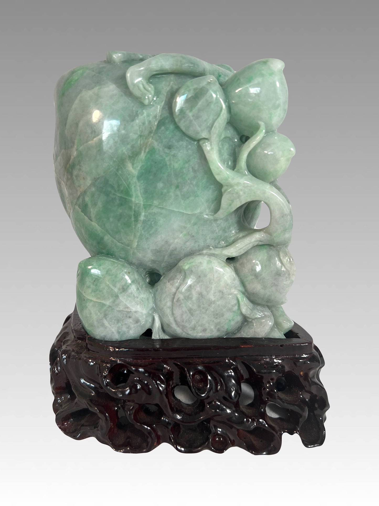 Chinese Natural Green Jade Carving of Auspicious Peach With Playful Monkeys on Custom Stand