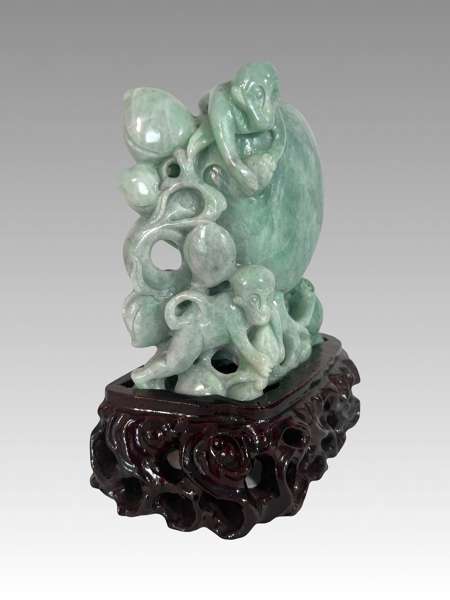 Chinese Natural Green Jade Carving of Auspicious Peach With Playful Monkeys on Custom Stand