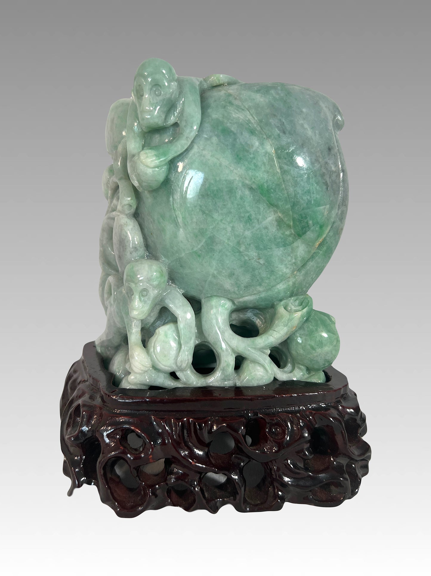 Chinese Natural Green Jade Carving of Auspicious Peach With Playful Monkeys on Custom Stand