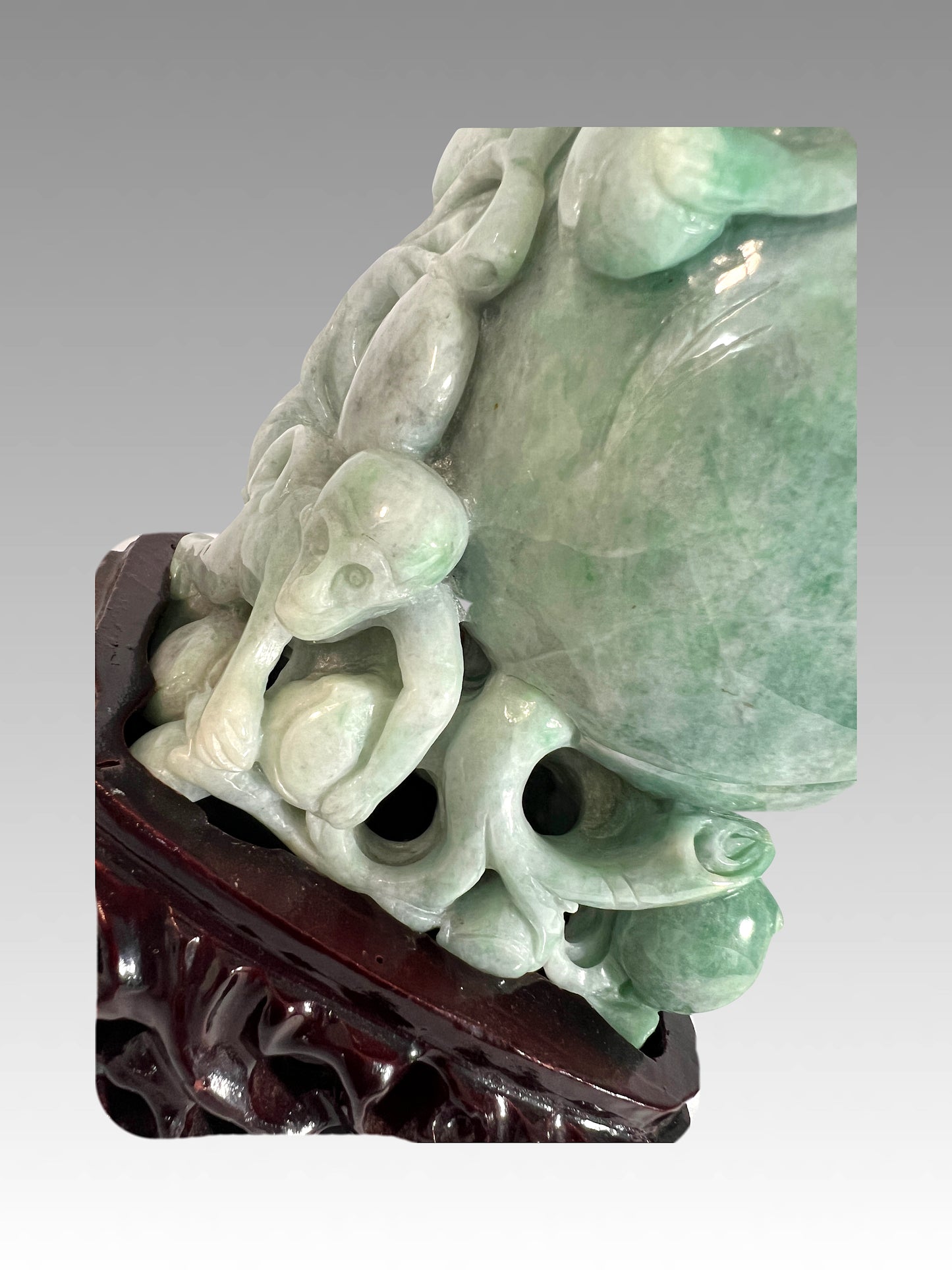 Chinese Natural Green Jade Carving of Auspicious Peach With Playful Monkeys on Custom Stand