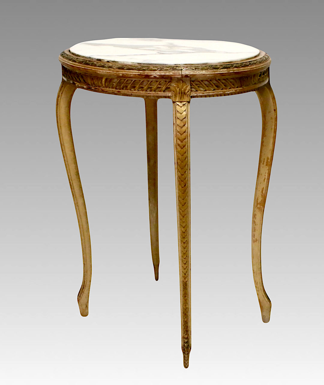 Antique French Louis XV Revival Carved Oval Occasional Side Table, Giltwood With Inset White Gray Marble Top