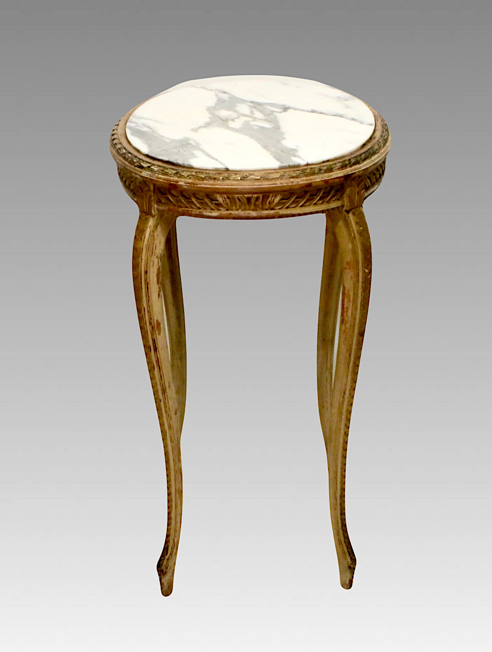 Antique French Louis XV Revival Carved Oval Occasional Side Table, Giltwood With Inset White Gray Marble Top