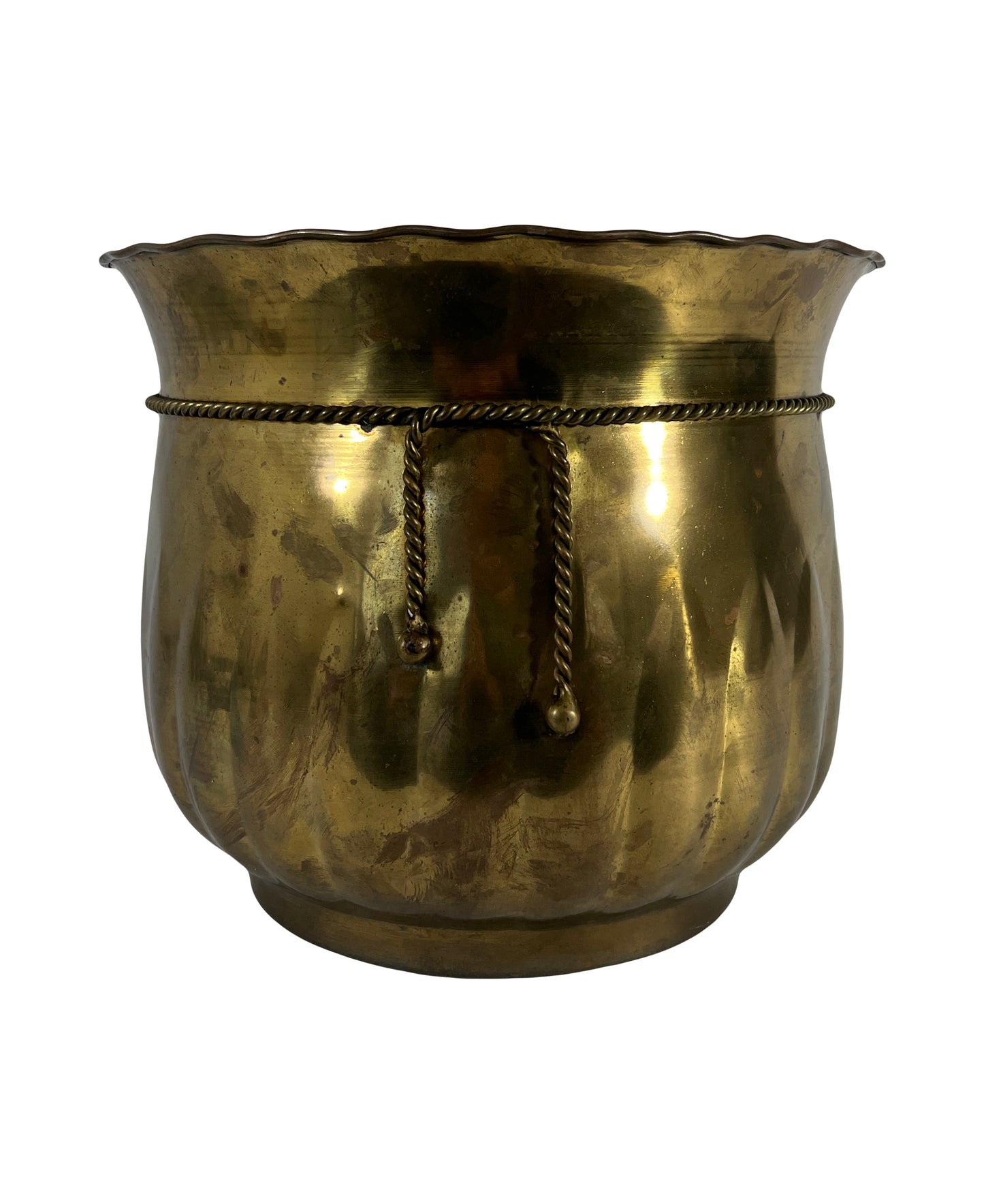 Vintage Hand Hammered Round Form Brass Planter with Rope Detailing