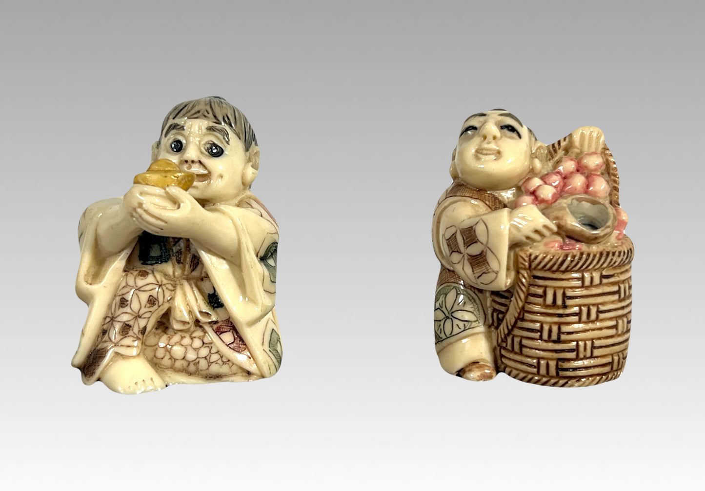 Vintage Chinese Netsuke - the Peach Seller and the Golden Ingot Bearer, a Pair, Brown Wood Stand