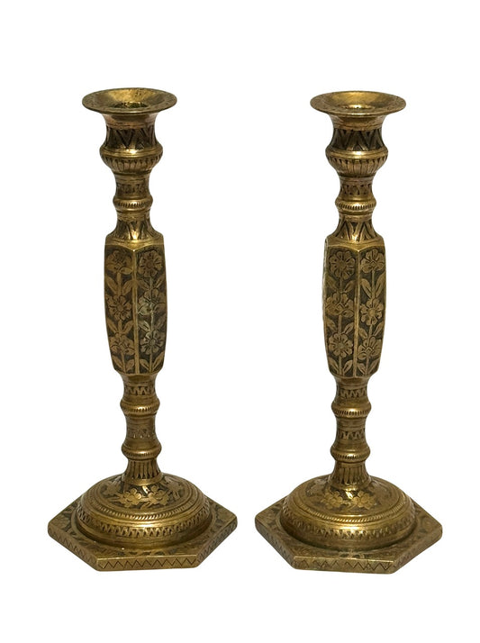 Early European 19th. C. Hand Engraved Cast Brass / Bronze Ornate Candlesticks, a Pair