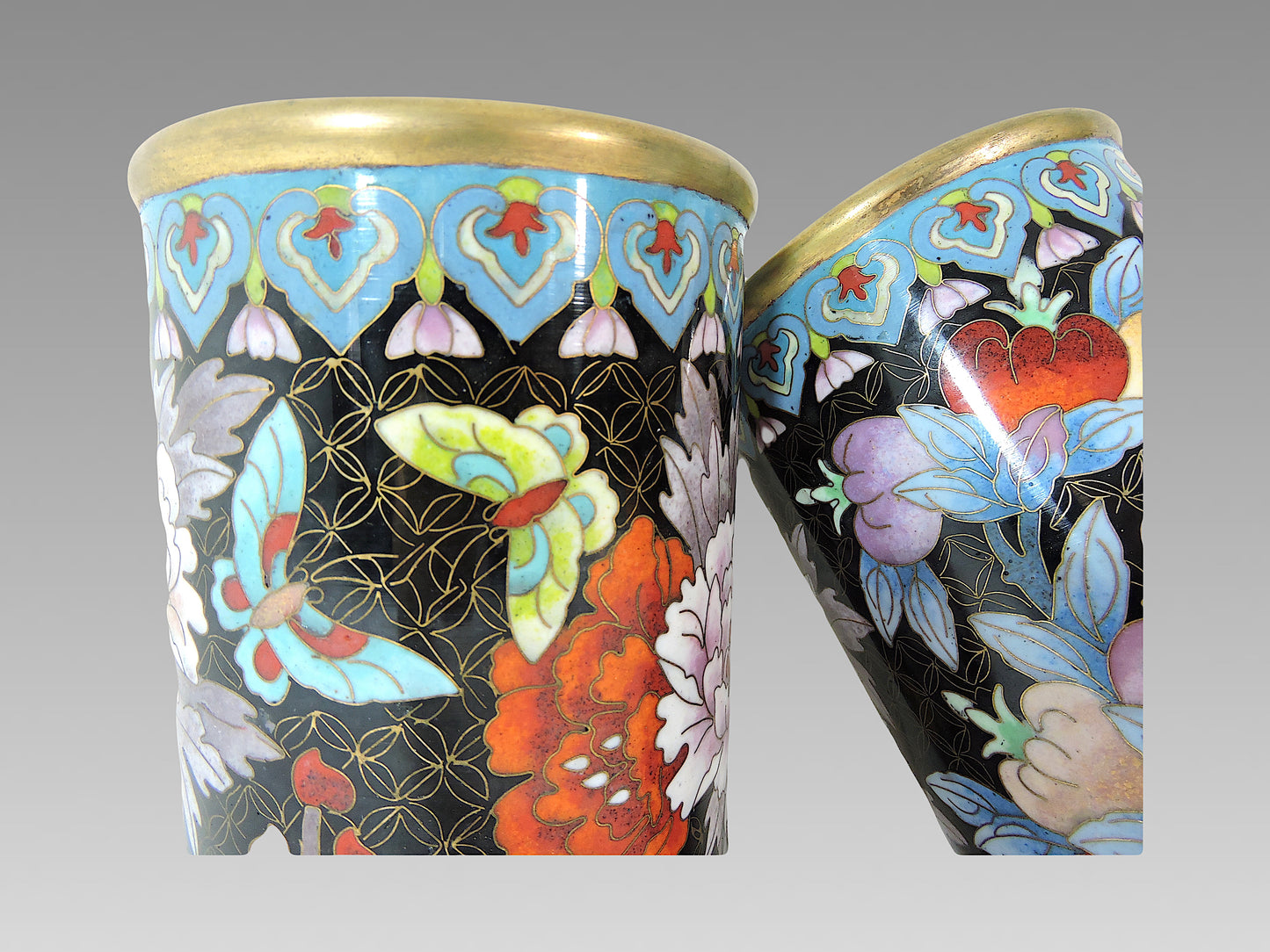 Antique Chinese Cloisonné Opposing Flower & Butterfly Cylindrical Brush Pots / Vases - a Pair