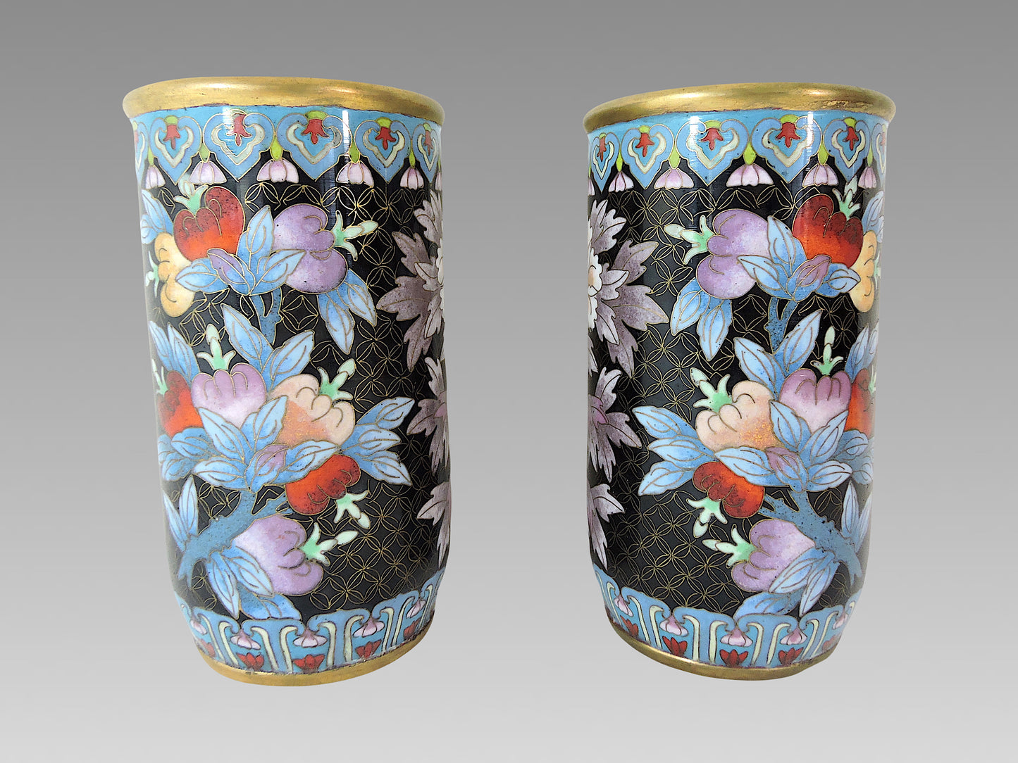 Antique Chinese Cloisonné Opposing Flower & Butterfly Cylindrical Brush Pots / Vases - a Pair