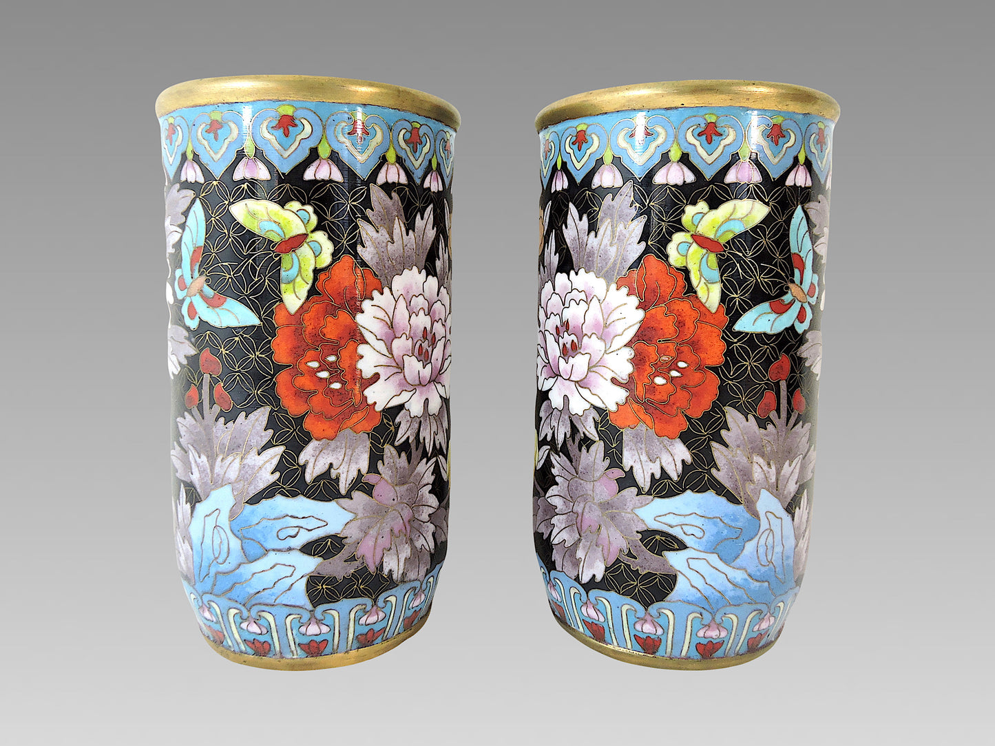 Antique Chinese Cloisonné Opposing Flower & Butterfly Cylindrical Brush Pots / Vases - a Pair