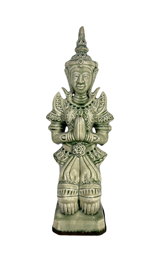 Large Celadon Crackle Glaze Kneeling Tappanom Thai Angel Figure (Thailand) 18".