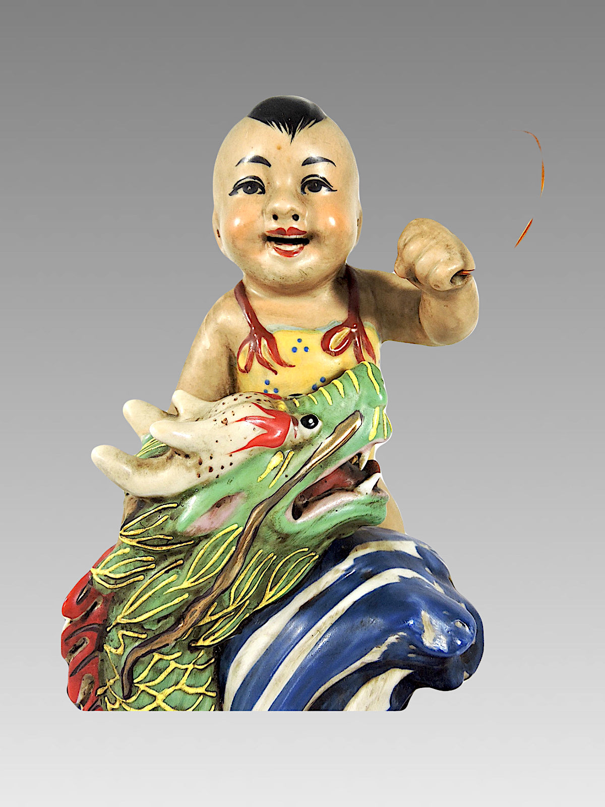 1920's Neptunes Child - Porcelain Figural Group with a Boy & His Green Dragon, Early Republic - Chinese