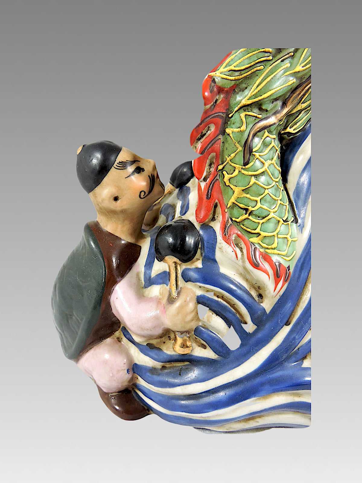 1920's Neptunes Child - Porcelain Figural Group with a Boy & His Green Dragon, Early Republic - Chinese