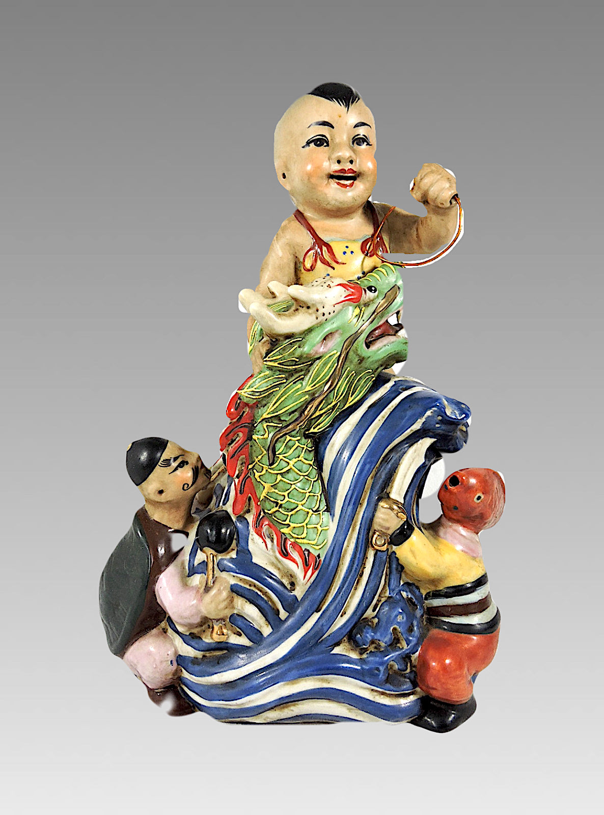 1920's Neptunes Child - Porcelain Figural Group with a Boy & His Green Dragon, Early Republic - Chinese