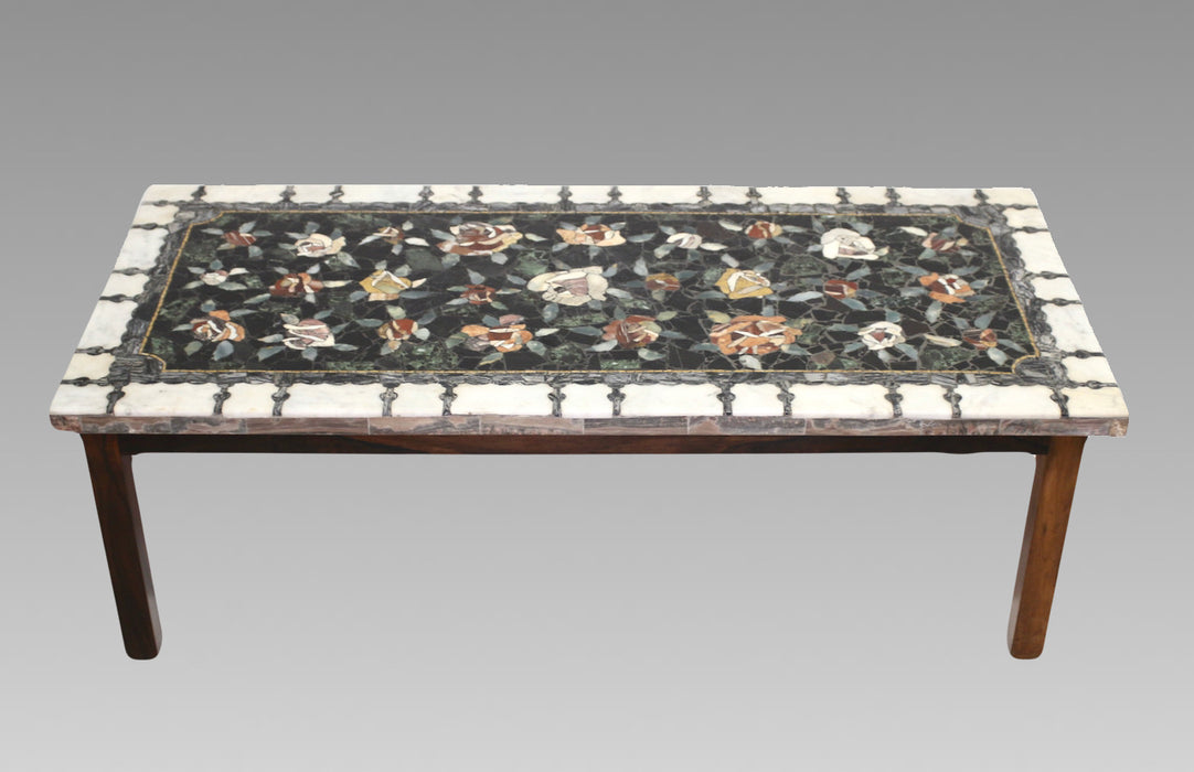 Vintage Italian Pietra Dura Rosewood and Black and White Carrara Marble Rose Coffee Table