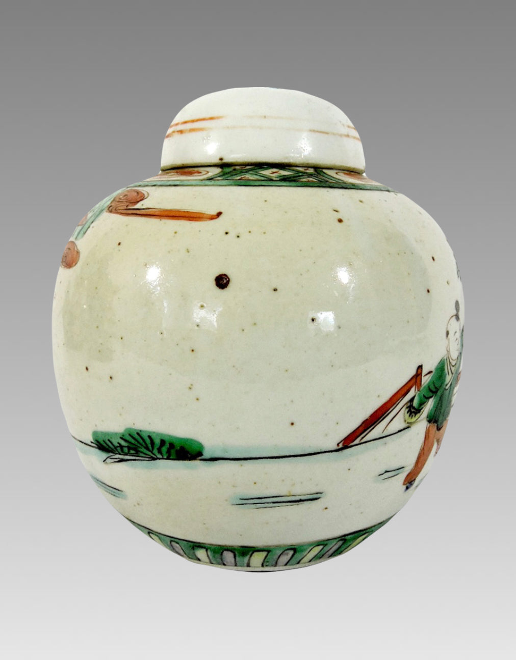 Mid 20th Century Bisque Chinese Ceramic Figural Ginger Jar with Gardens and Pavillions