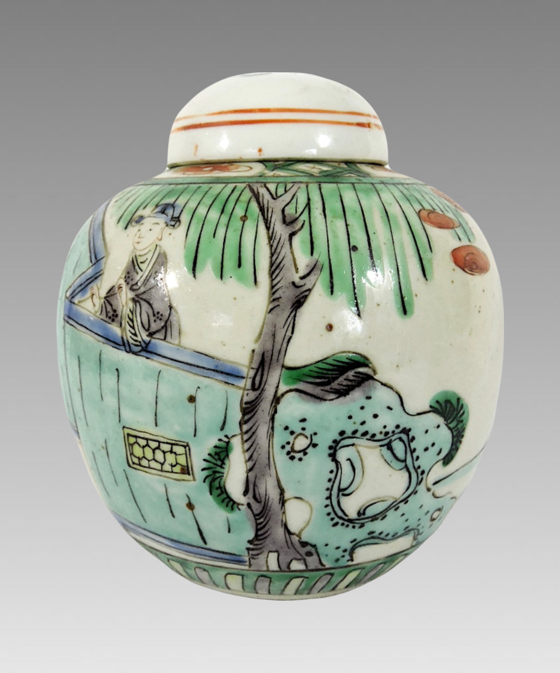 Mid 20th Century Bisque Chinese Ceramic Figural Ginger Jar with Gardens and Pavillions