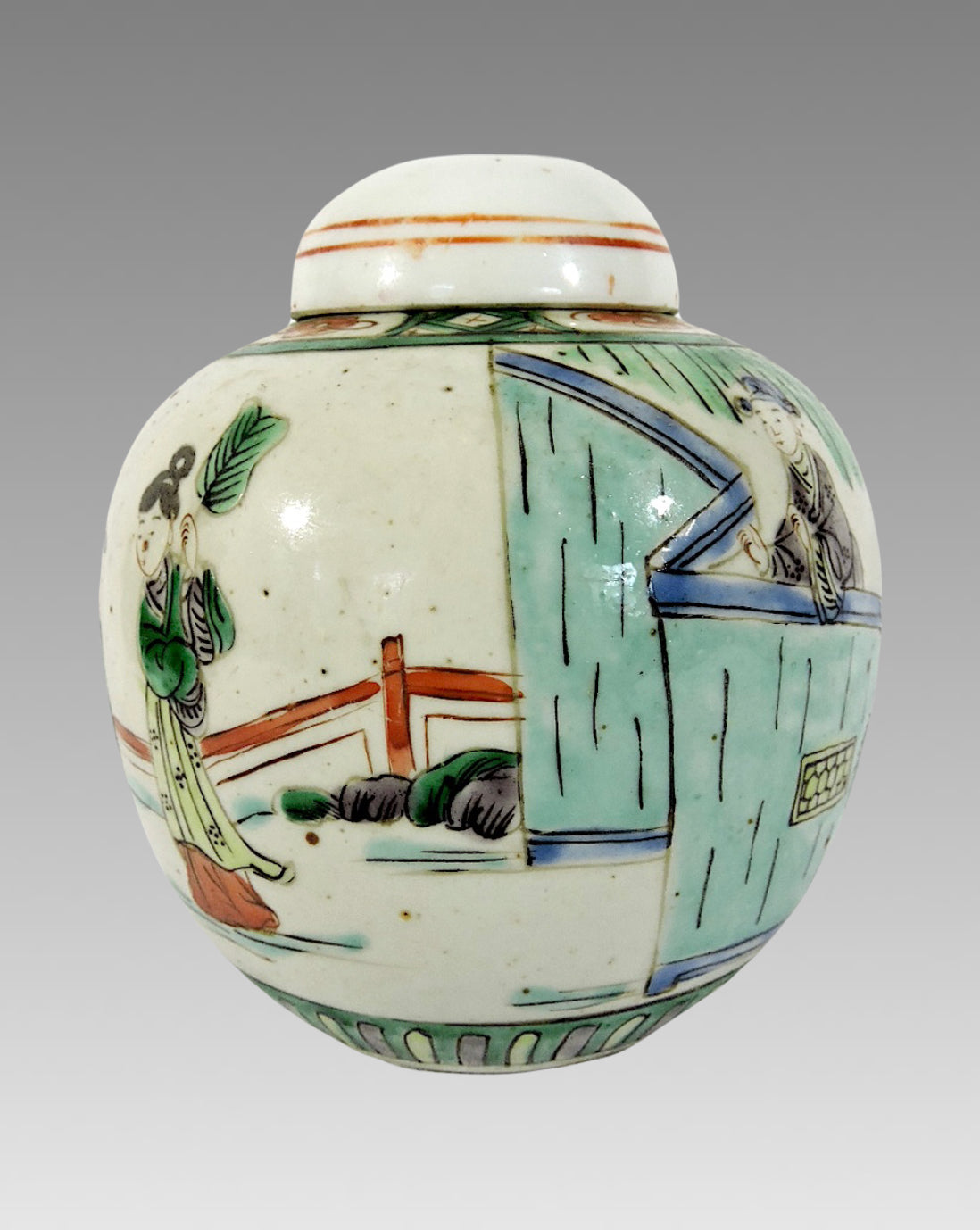 Mid 20th Century Bisque Chinese Ceramic Figural Ginger Jar with Gardens and Pavillions