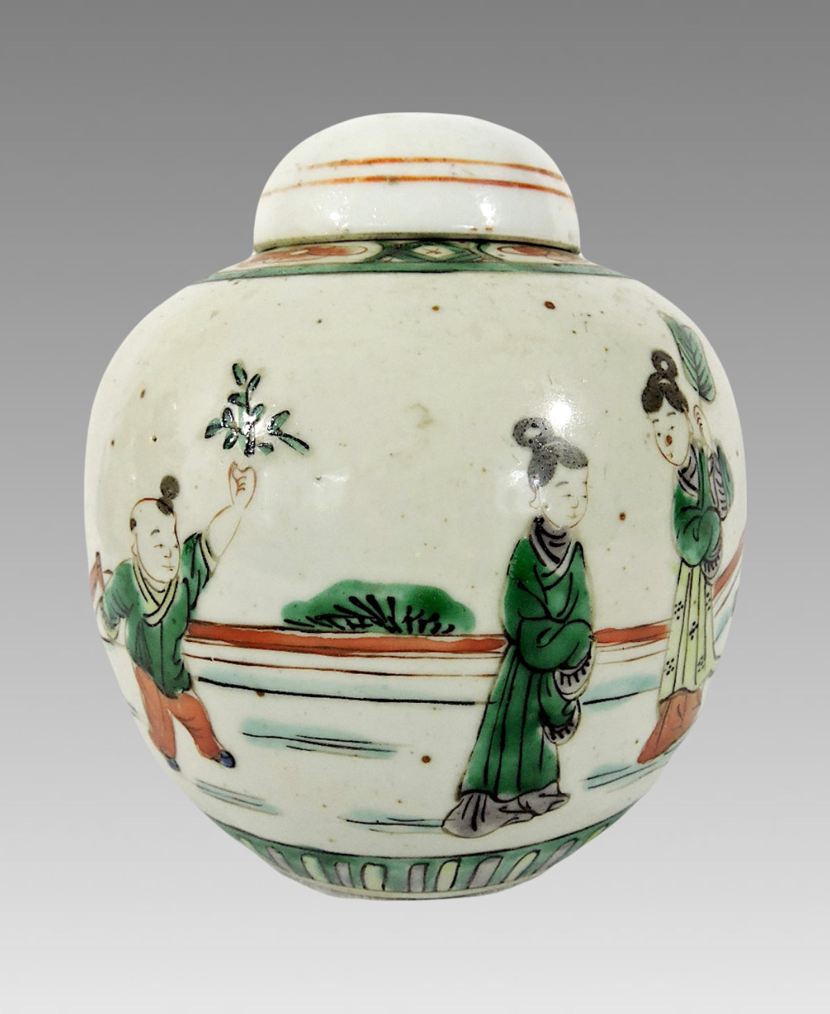 Mid 20th Century Bisque Chinese Ceramic Figural Ginger Jar with Gardens and Pavillions