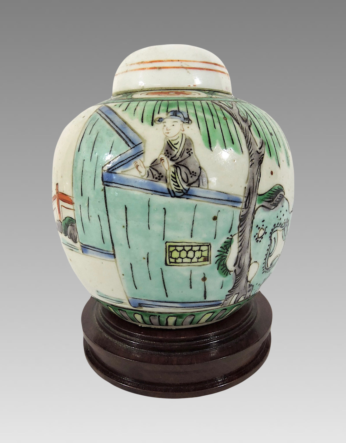 Mid 20th Century Bisque Chinese Ceramic Figural Ginger Jar with Gardens and Pavillions