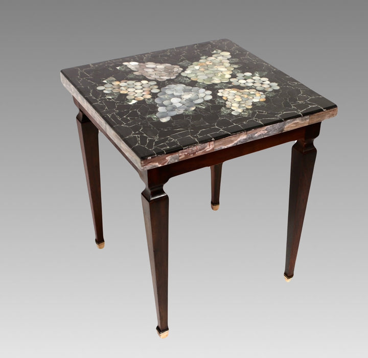 Vintage Black Pietra Dura Italian Marble Side or Drinks Table With Grapes on Custom Rosewood Base