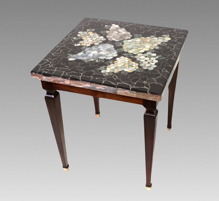 Vintage Black Pietra Dura Italian Marble Side or Drinks Table With Grapes on Custom Rosewood Base